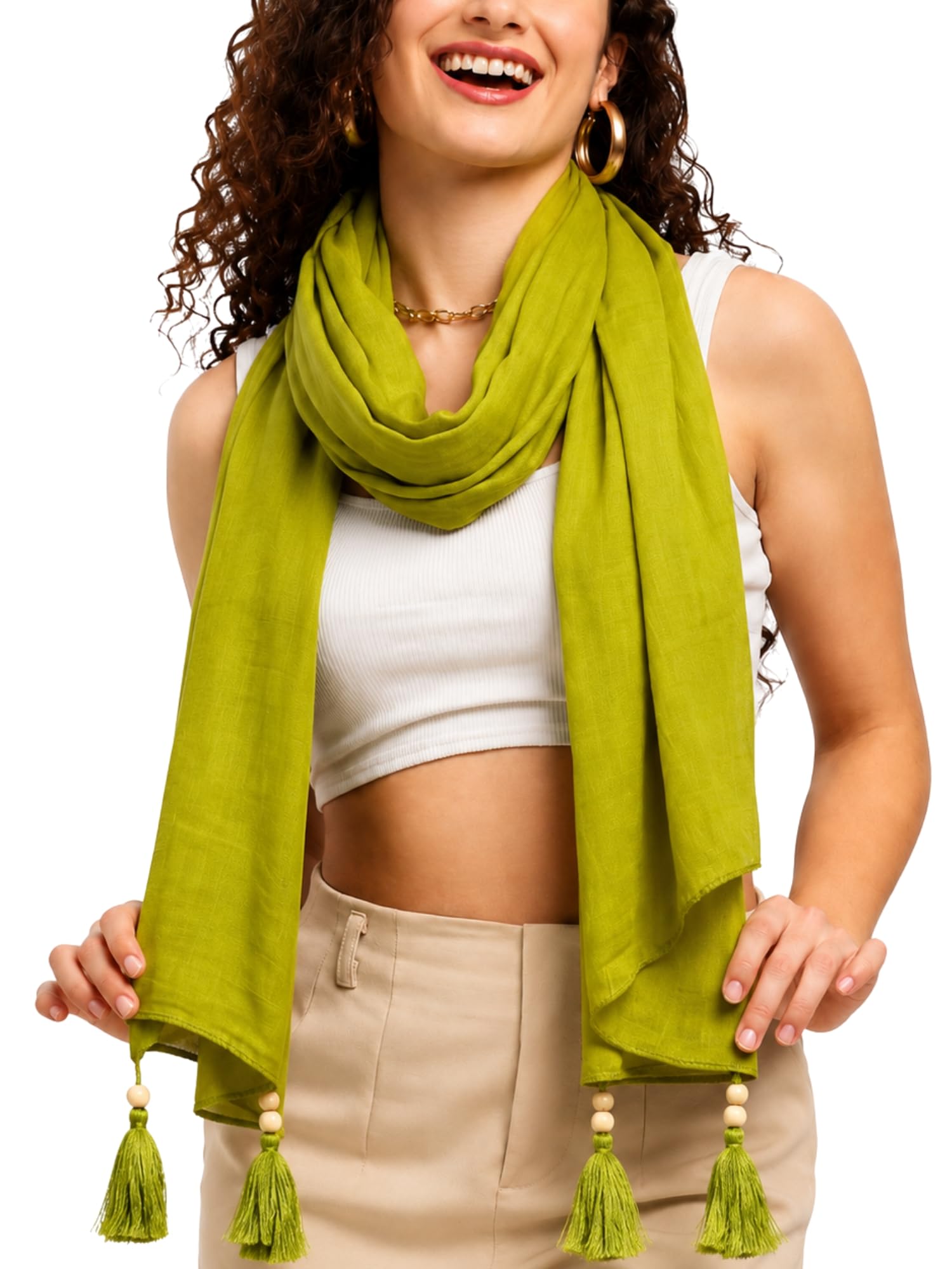 GALE GIRLS Cotton Mulmul Scarf|Scarf for Women|Mulmul Stole|Soft Beach Wrap|Tassel Design|Easily fits 180 * 50cm|Green