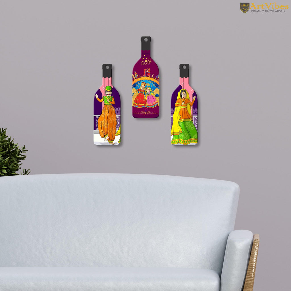 Artvibes Rajasthani Puppet Dance Decor Bottle shaped Wooden Wall Hanging | Living Room | Office | Wall Art Painting For Hall | Graphic Artwork | Wall Art Print | Ideal Gifts (WH_9529N), Set of 3