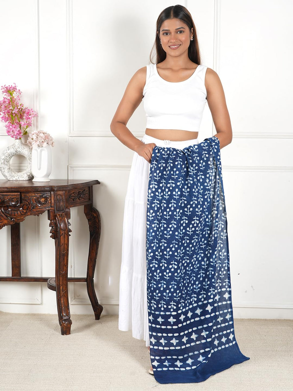 Gutthi Women's Cotton Stoles | Scarf Lightweight & Comfortable for All Seasons, Size (100X180 CM) (Blue)