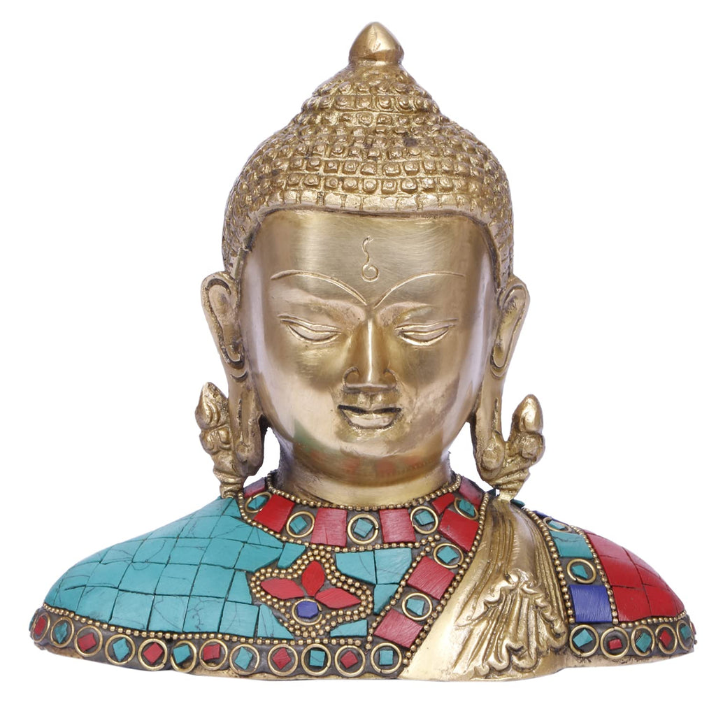 ARTVARKO Brass Buddha Head Bust Statue Turquoise Stone Handwork Home Décor Entrance Office Table Living Room Meditation Luck Gift Feng Shui Showpiece