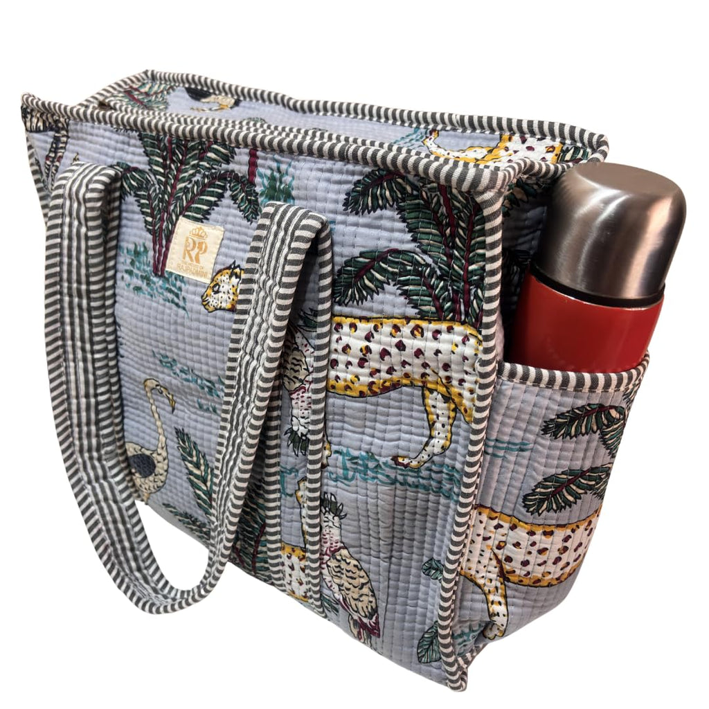 The House of RajPadmini Floral Quilted Cotton Shopping Tote Bag, 16x16 inches, Striped Trim, External Bottle Pocket (Animal Print Azure Blue (250 GSM Cotton))