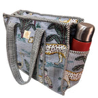 The House of RajPadmini Floral Quilted Cotton Shopping Tote Bag, 16x16 inches, Striped Trim, External Bottle Pocket (Animal Print Azure Blue (250 GSM Cotton))
