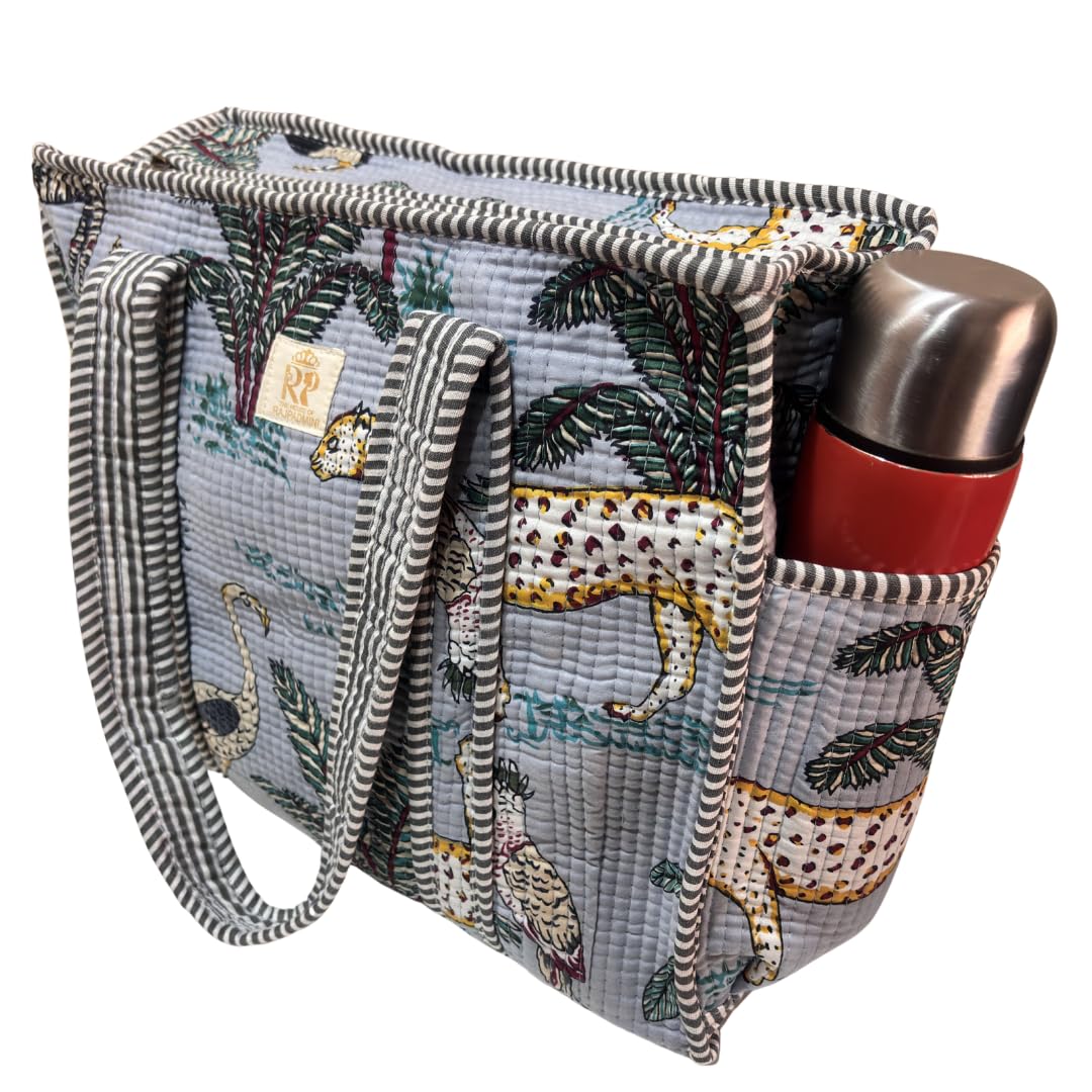 The House of RajPadmini Floral Quilted Cotton Shopping Tote Bag, 16x16 inches, Striped Trim, External Bottle Pocket (Animal Print Azure Blue (250 GSM Cotton))