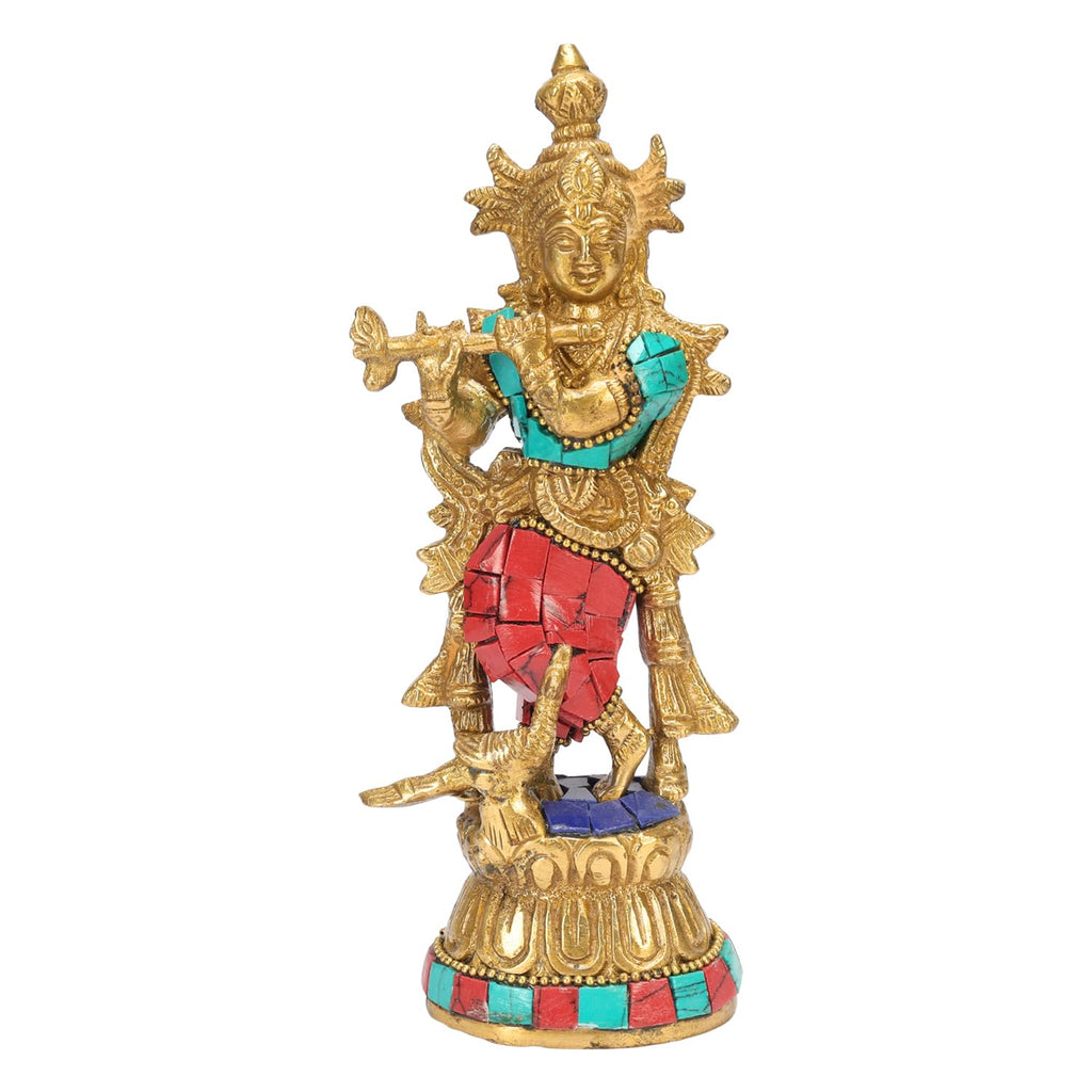 ARTVARKO Brass Krishna Idol Murti Murli Manohar Kamha Statue with Peacock Religious Gift Item Home Décor Multicolor Height 7 Inch