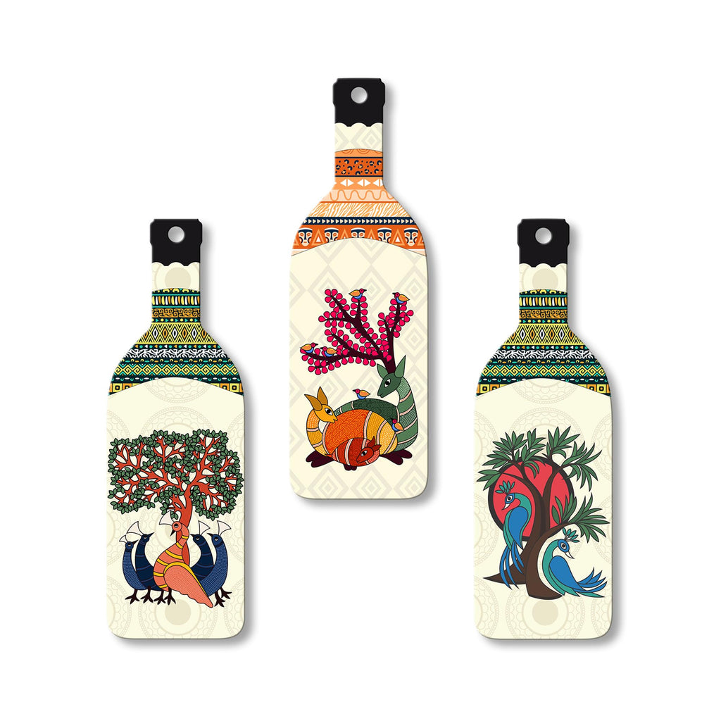 Artvibes Animals and Birds Madhubani Art Bottle shaped Wooden Wall Hanging | Living Room | Handcrafted Art | Wall Illustrations | Art Prints | Aesthetic Wall Art | Ideal Gifts (WH_9524N), Set of 3