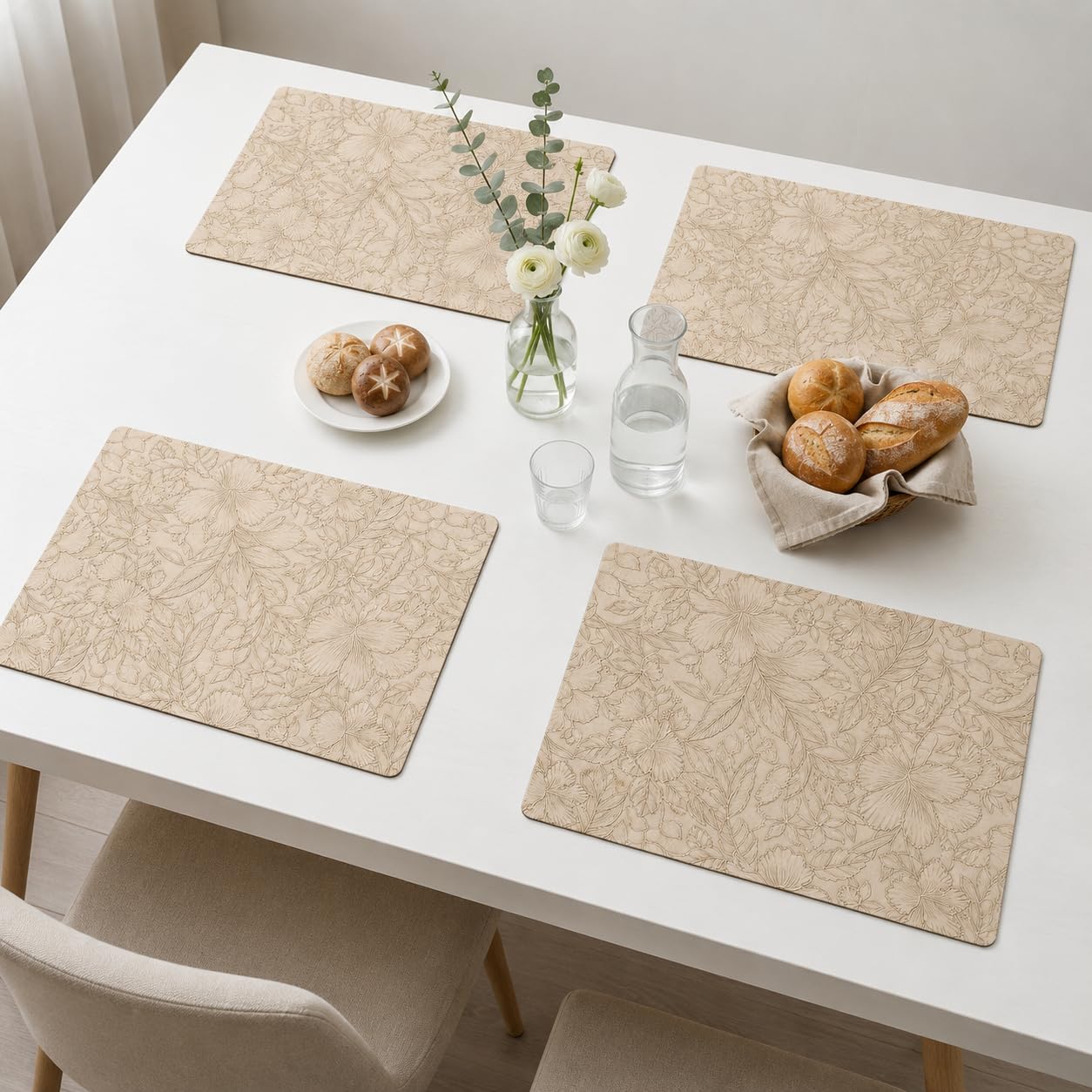 Yelona Premium Faux Leather Placemat Set of 4 | Printed Floral Design, Waterproof & Heat Resistant Table Mat | Non-Slip, Washable for Dining, Kitchen & Home Decor (Beige, 43 x 30 cm) Kafalo