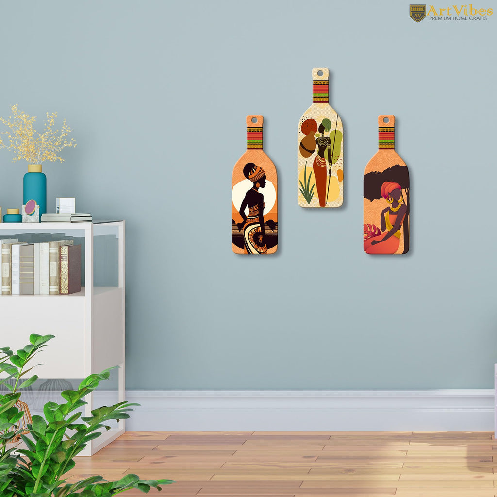 Artvibes African Warli Art Decor Bottle shaped Wooden Wall Hanging | Living Room | Handcrafted Art | Wall Poster | Aesthetic Wooden Decor | Art Print | Unique Gift Items (WH_9519N), Set of 3