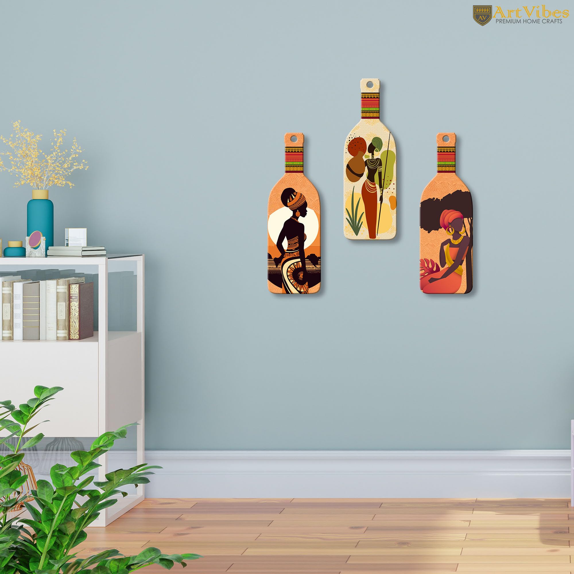 Artvibes African Warli Art Decor Bottle shaped Wooden Wall Hanging | Living Room | Handcrafted Art | Wall Poster | Aesthetic Wooden Decor | Art Print | Unique Gift Items (WH_9519N), Set of 3