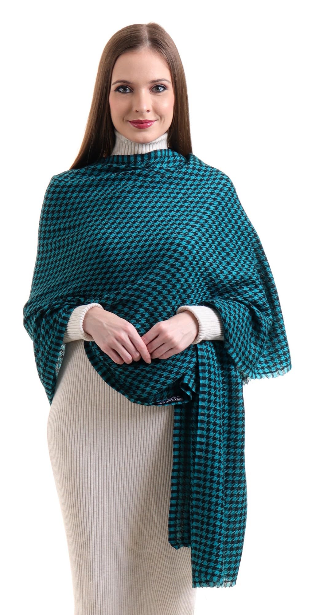 EH 100% Pure Cashmere scarf, stole Houndstooth, warm large buttery soft Pashmina (TEAL BLUE & BLACK)