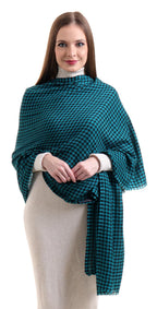 EH 100% Pure Cashmere scarf, stole Houndstooth, warm large buttery soft Pashmina (TEAL BLUE & BLACK)