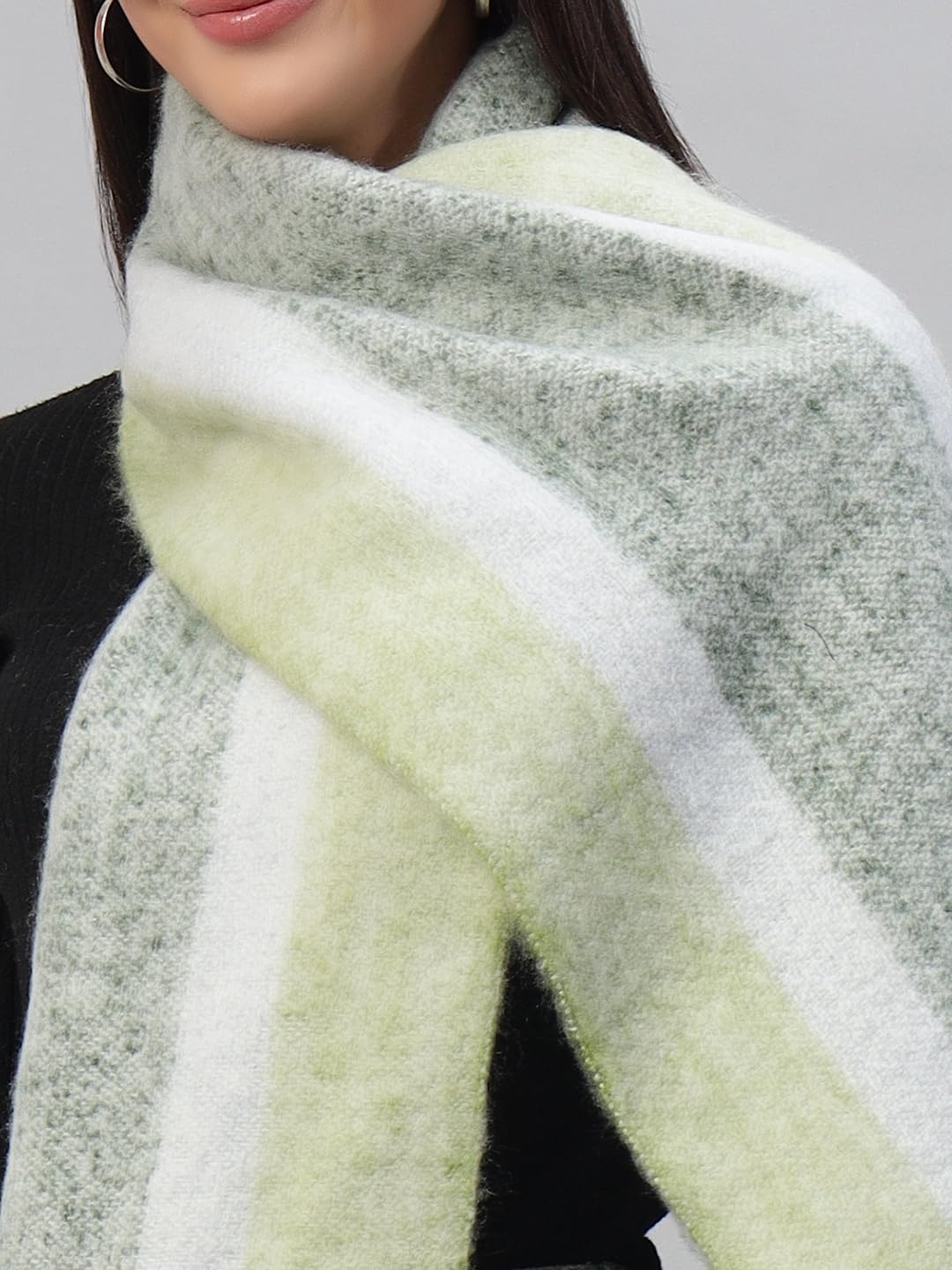 Ravaiyaa - Attitude is everything Reversible Wool Scarves Striped Pattern Women Neck Wraps Muffler Winter Wool Scarf (72 x14 Inch, Green & White)