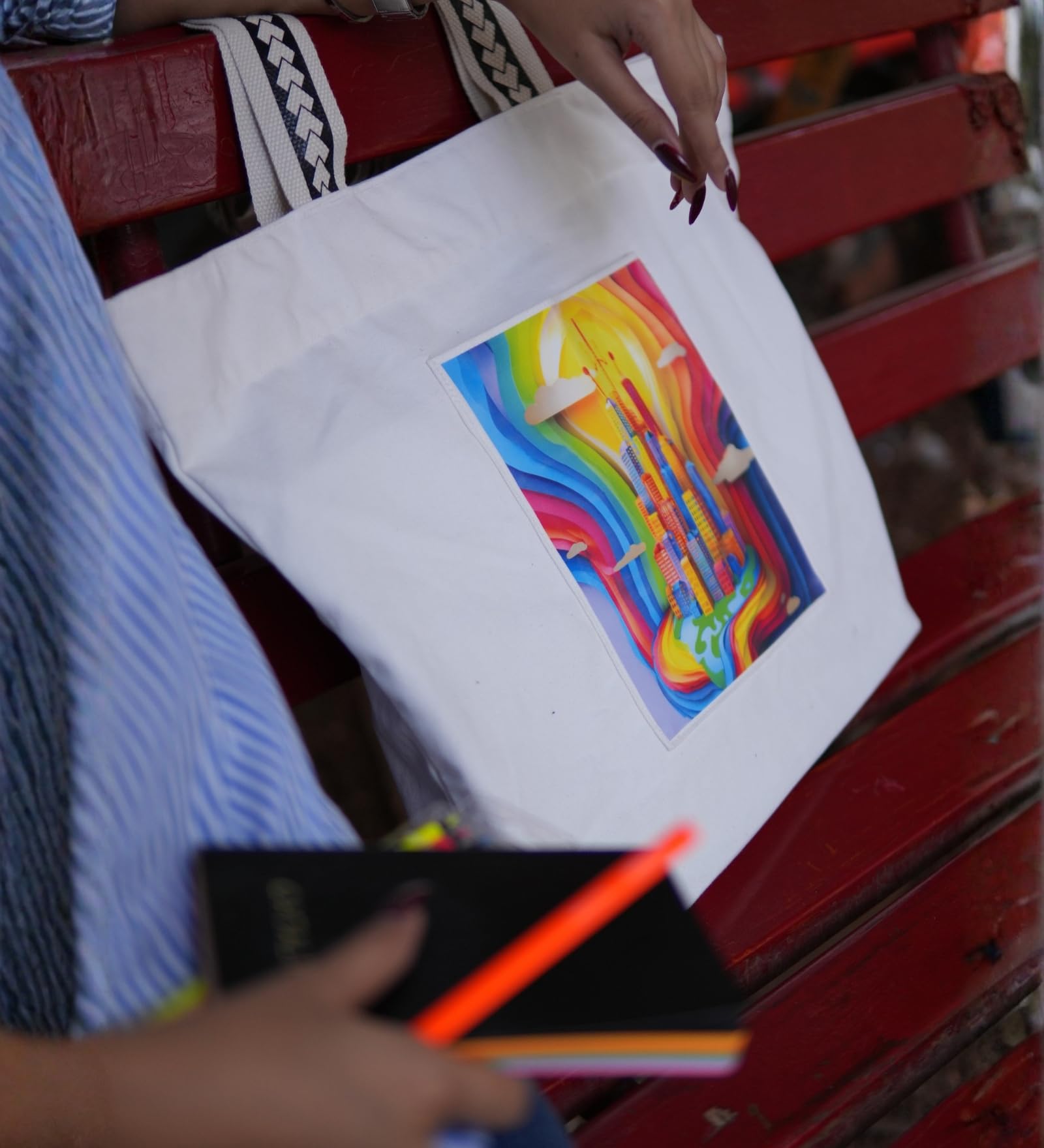 WOTM On The Move Tote | Premium Printed Cotton Canvas Tote Bag with Zipper & Inside Pocket, Stylish Everyday Travel Bag for Work, College, Office, Travel, Shopping (Be Bright)