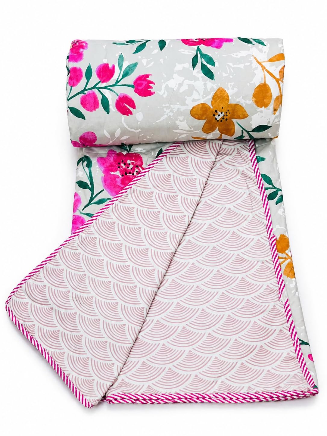 RRC Lightweight Single Bed AC Blanket, Dohar 3 Layer, 57x87 Inches, 150 GSM Microfiber Cotton Flannel, Soft & Cozy, Pink and Beige, Season Use Kafalo