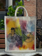 Jute Club Printed Canvas Bag|Shopping|Office|Tiffin| Multipurpose|Eco Friendly with Zipper lock|Spacious|100% Organic Cotton Tote with Lamination-14 X16 X5 (5Pc, Glowing Cycle)