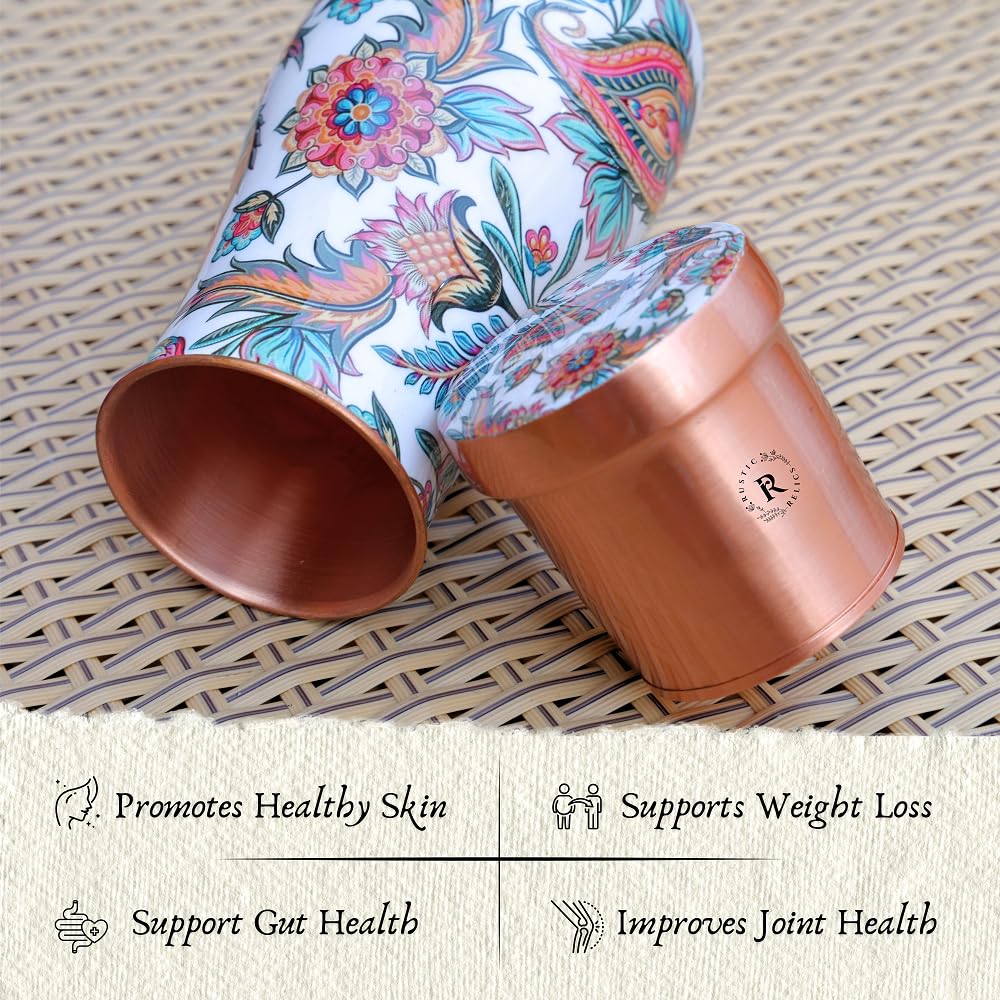 RUSTIC RELICS Meena Print Copper Water Bottle Jar - 1L | With Inbuit Glass In Lid | Beautiful And Elegant Meena Print Design | Kitchen And Bedroom Sugar Water Storage Pot
