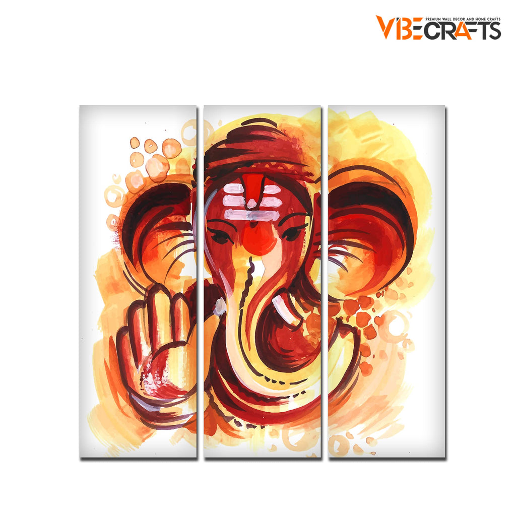 VIBECRAFTS Shree Ganesha Head 3 Pieces Canvas Wall Painting Fitted With Wooden Frame For Home | Office | Living Room | Gifts (PTVC3Pcs1_9577)