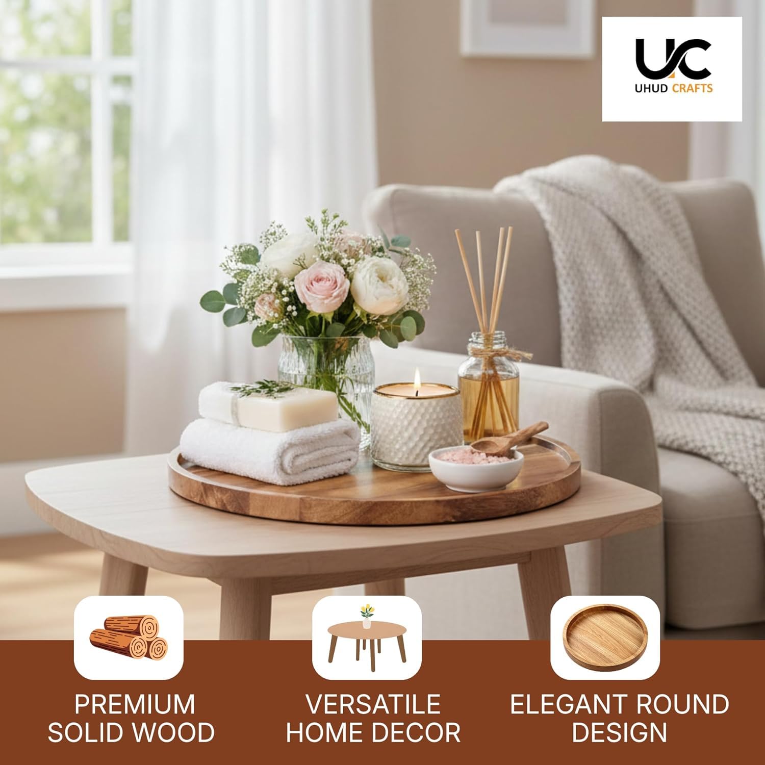 UHUD CRAFTS Premium Wooden Round Serving Tray/Platter | Decorative Tray for Home Decor, Dining Table & Kitchen Decor | Circular Solid Wood Tray for Serving Tea, Coffee or Breakfast
