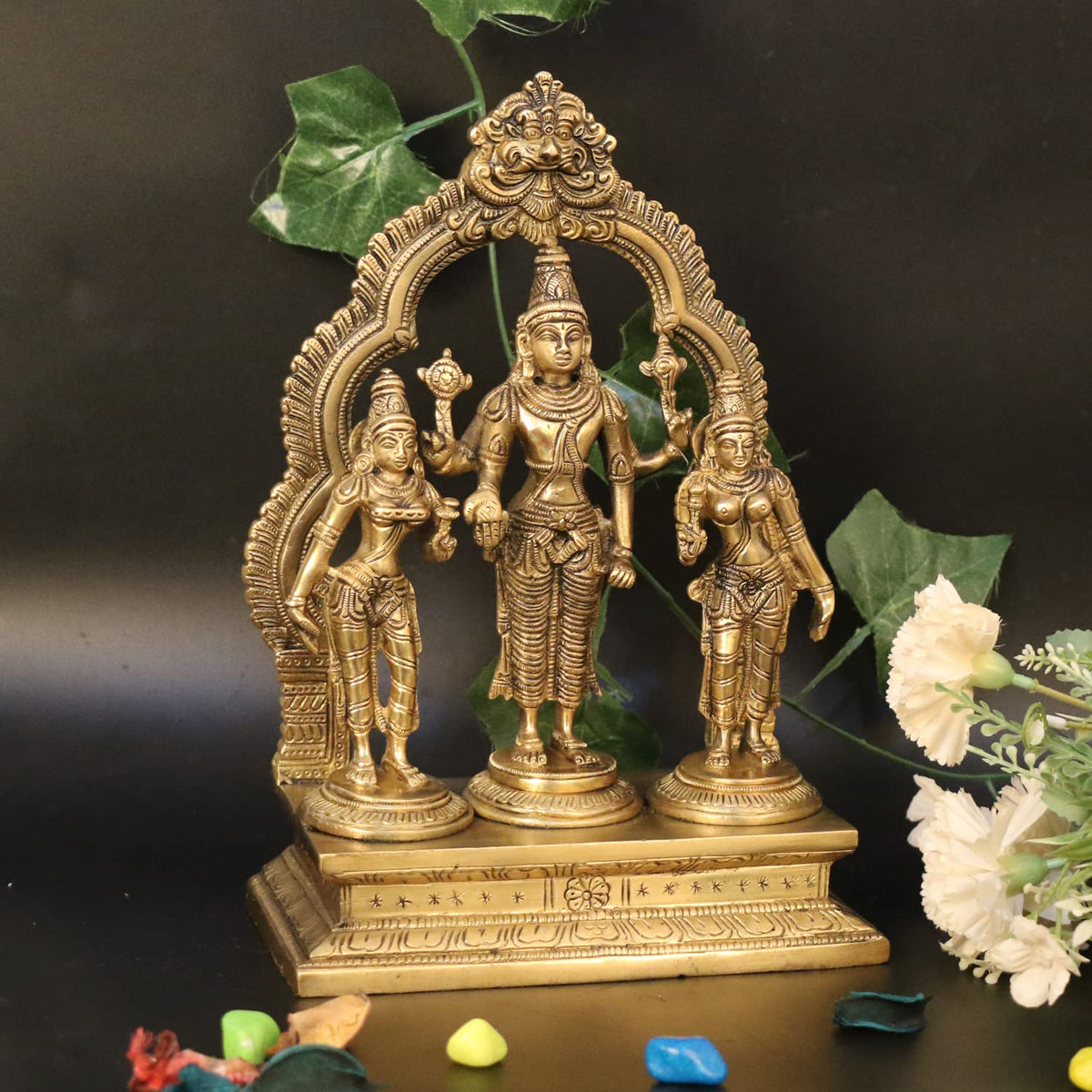 ARTVARKO Brass Lord Vishnu with Sridevi and Bhudevi Parivar Darbar Swami Satyanarayan Idol for Puja Gift Living Room Decoration Home Décor Height 10 Inch