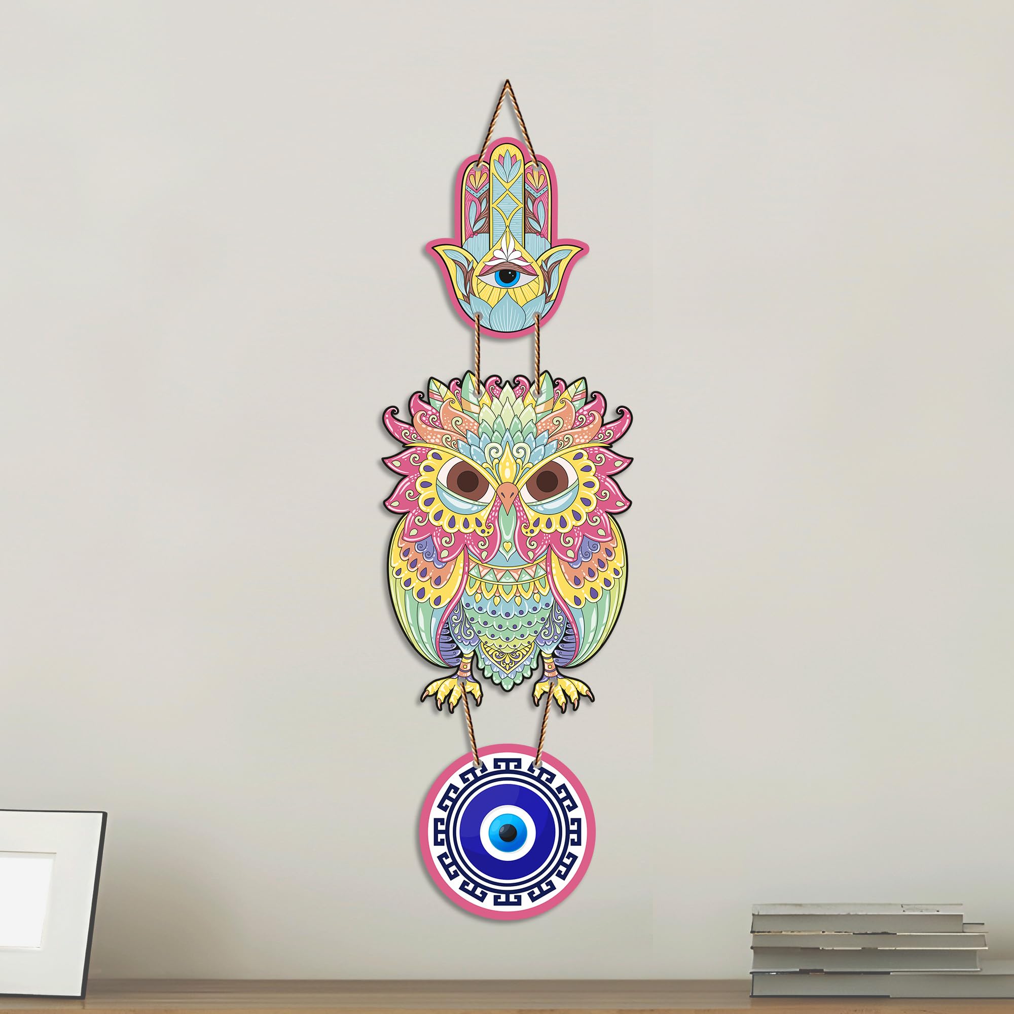 Artvibes Decorative Owl Evil Eye Hanging for Home Entrance | Lucky Charm Nazar Protection MDF Wall Art | Vastu Accent for Living Room | Office | Balcony & Main Door | Housewarming Gift (WH_8530N)