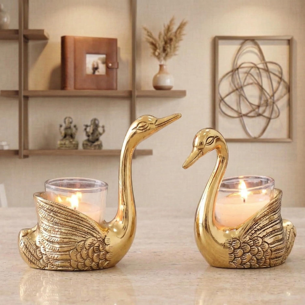 KridayKraft Antique Gold Aluminium Swan Tealight Candle Holders Set of 2 | Handcrafted Metal Bird Figurine Table Centerpiece for Living Room & Dining | Wedding, Housewarming