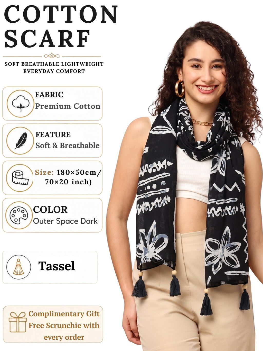 KE KANHA EXPORTS|Cotton Scarf For Women|Beach Printed Tassel Scarf|Multicolor|70x20 Inch