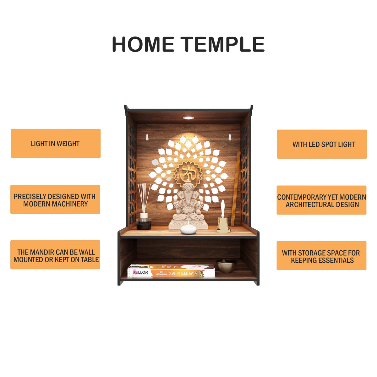 Rellon Industries Temple for Home, Mandir for Home for Pooja Mandir for Home Beautiful Wooden Temple for Home Pooja Stand for Home and Office with LED Spot Light mandir (A4)