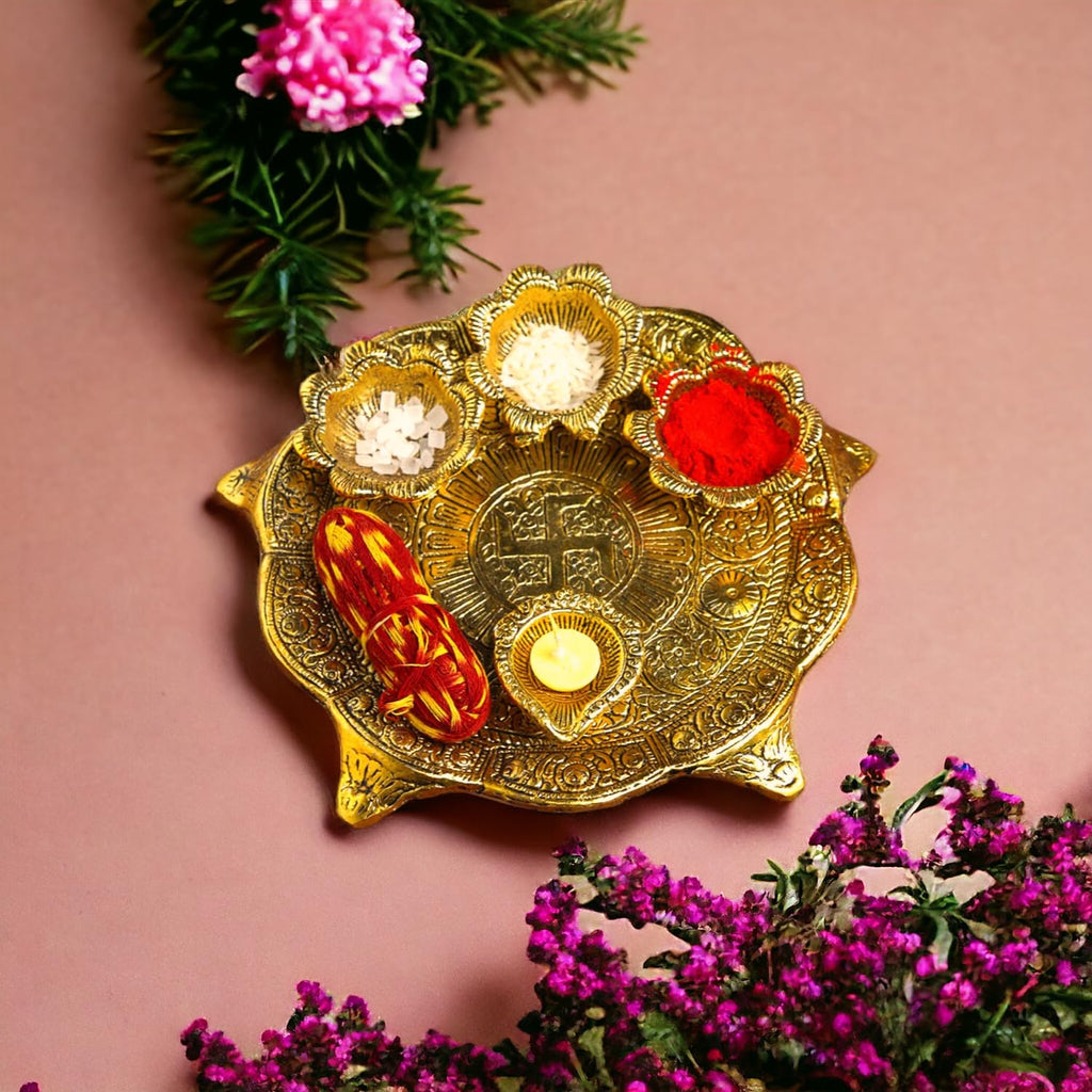 KridayKraft Metal Pooja Thali with Diya for Pooja Home/Temple/Mandir,Decorative Showpiece Pooja Thali Set for Diwali Poojan Wedding Gift Article