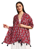 Ravaiyaa - Attitude is everything Hand Block Printed Cotton Long Stole Hijab Neck Wrap Scarf With Tassel 71 X 21 Inch (Maroon White Floral)