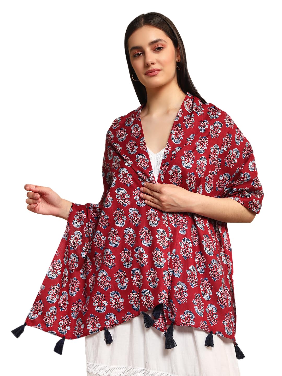 Ravaiyaa - Attitude is everything Hand Block Printed Cotton Long Stole Hijab Neck Wrap Scarf With Tassel 71 X 21 Inch (Maroon White Floral)