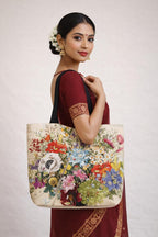HOMELYA Large Cotton Canvas Zippered Tote Bag for Women | Reusable Eco-Friendly Shoulder Carry Bag | Spacious Shopping, Office & College Handbag | Durable MultiFlower Print Handbag