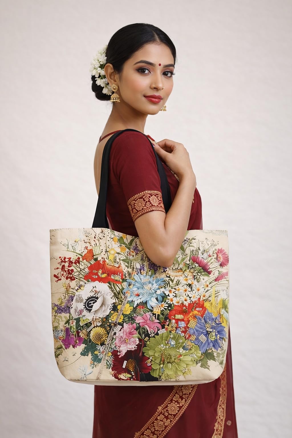 HOMELYA Large Cotton Canvas Zippered Tote Bag for Women | Reusable Eco-Friendly Shoulder Carry Bag | Spacious Shopping, Office & College Handbag | Durable MultiFlower Print Handbag