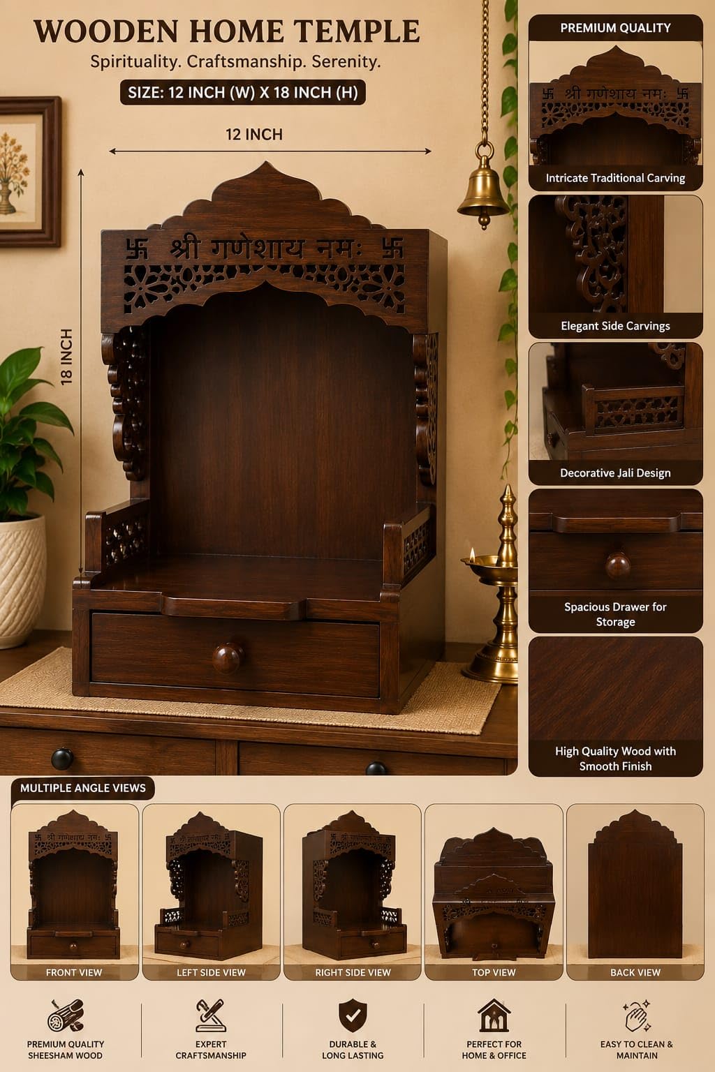 Wooden Pooja Mandir with Drawer, Shri Ganeshay Namah Carved Size 18x12