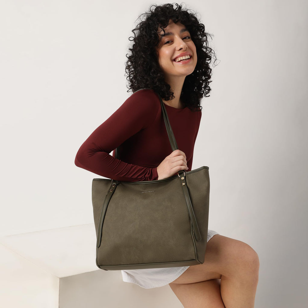 Fastrack Casual Laptop Tote Bag For Girls, Large Size With A Zipper Closure And Padded Laptop Compartment, Compatible With Laptops Up To 14 Inches, Double Handle Bag, Olive