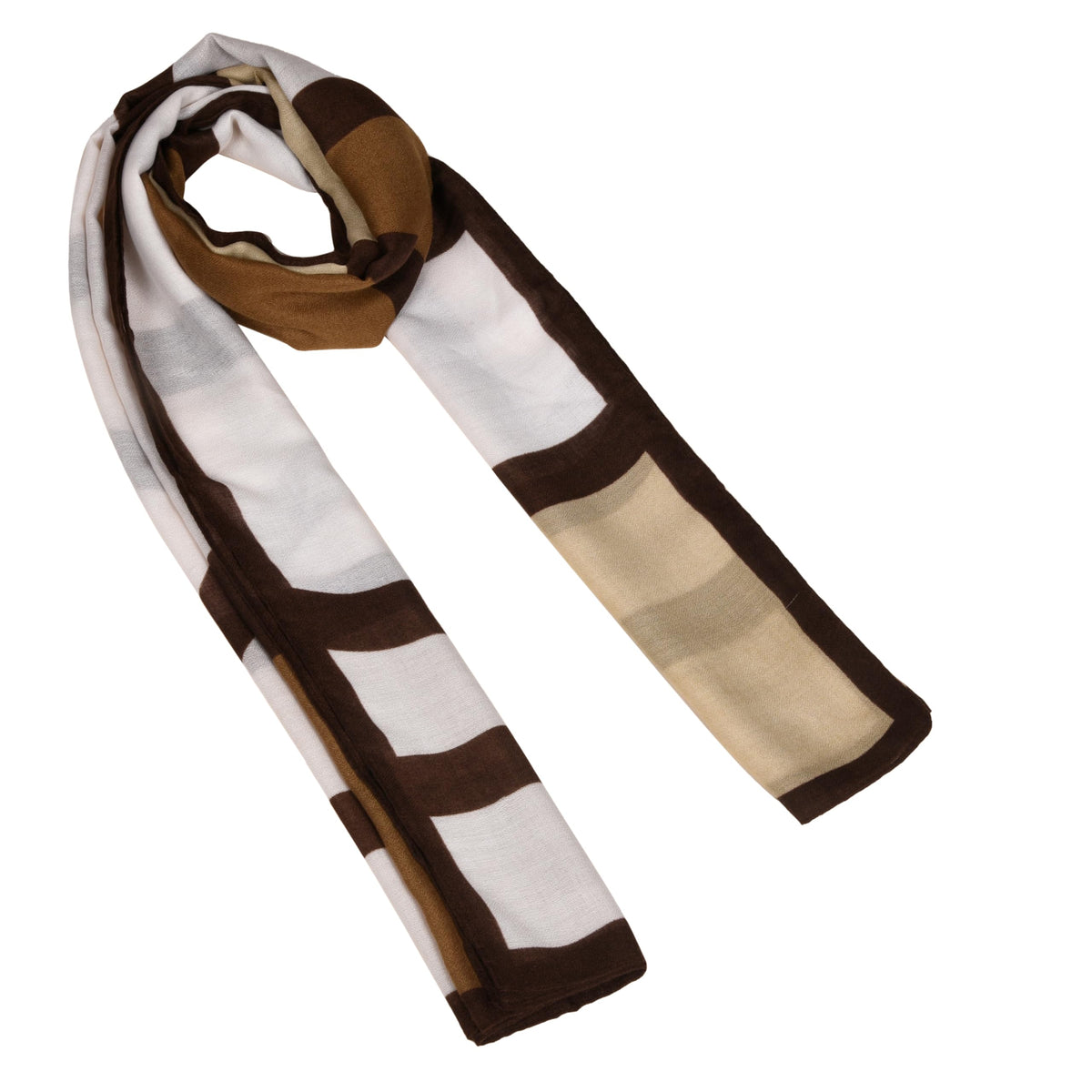 Kyoto Grid Scarf for Women | Lightweight Geometric Printed Stole & Shawl for Women | Soft Long Fashion Wrap Scarf for Casual, Office, Travel & Winter Styling | Brown Beige White Minimalist Design