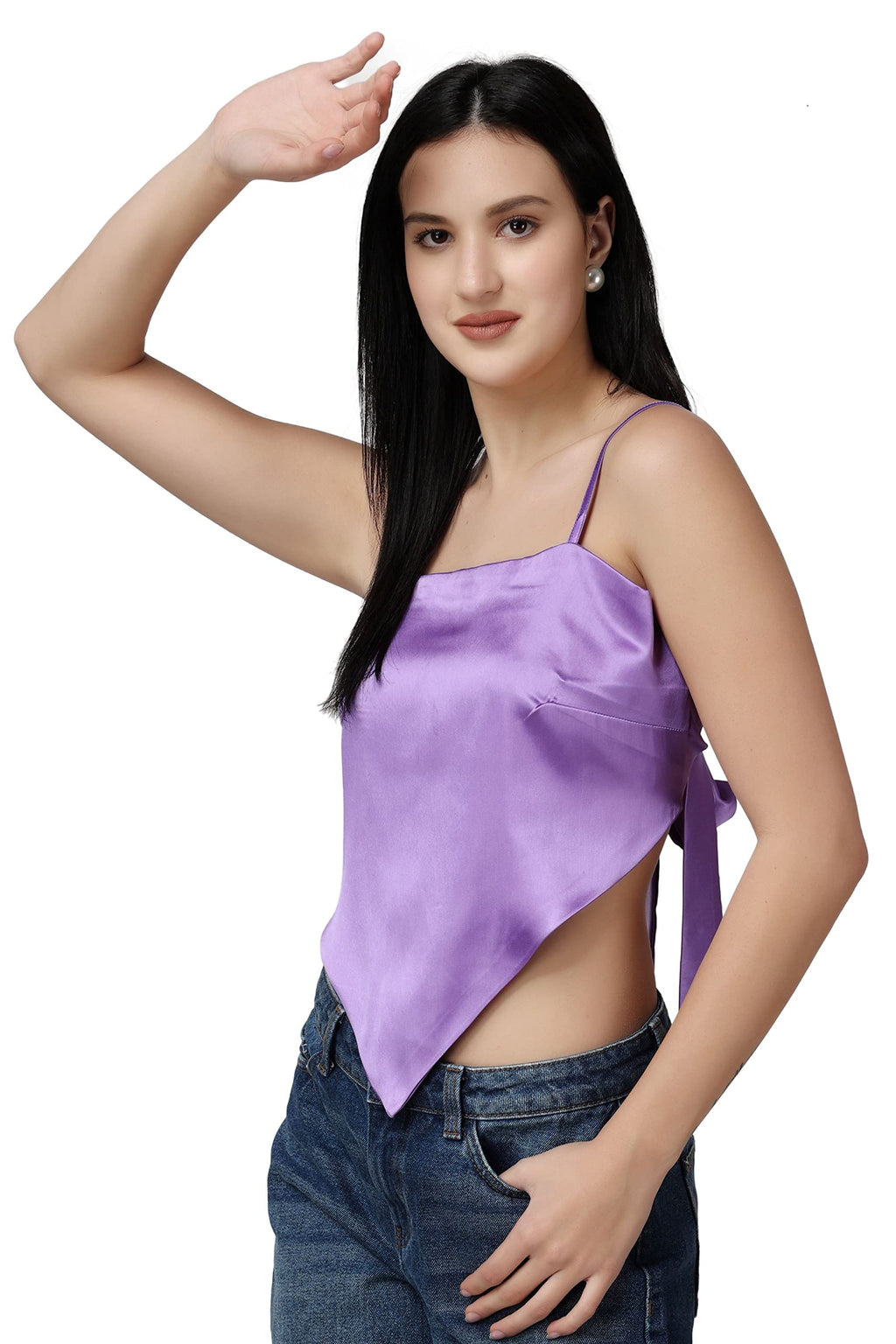 Popwings Women Casual Purple Satin Scarf Knot Solid Crop Top