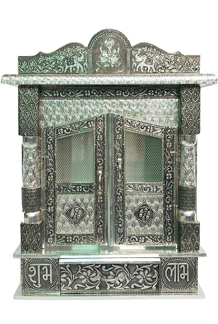 Suhanika Crafters Wooden Pooja Mandir for Home Medium Sagwan Wood Temple with Copper and Aluminum Accents Handcrafted Dev Ghar Mantapa for Home Office Prayer Room Traditional Decor Gift