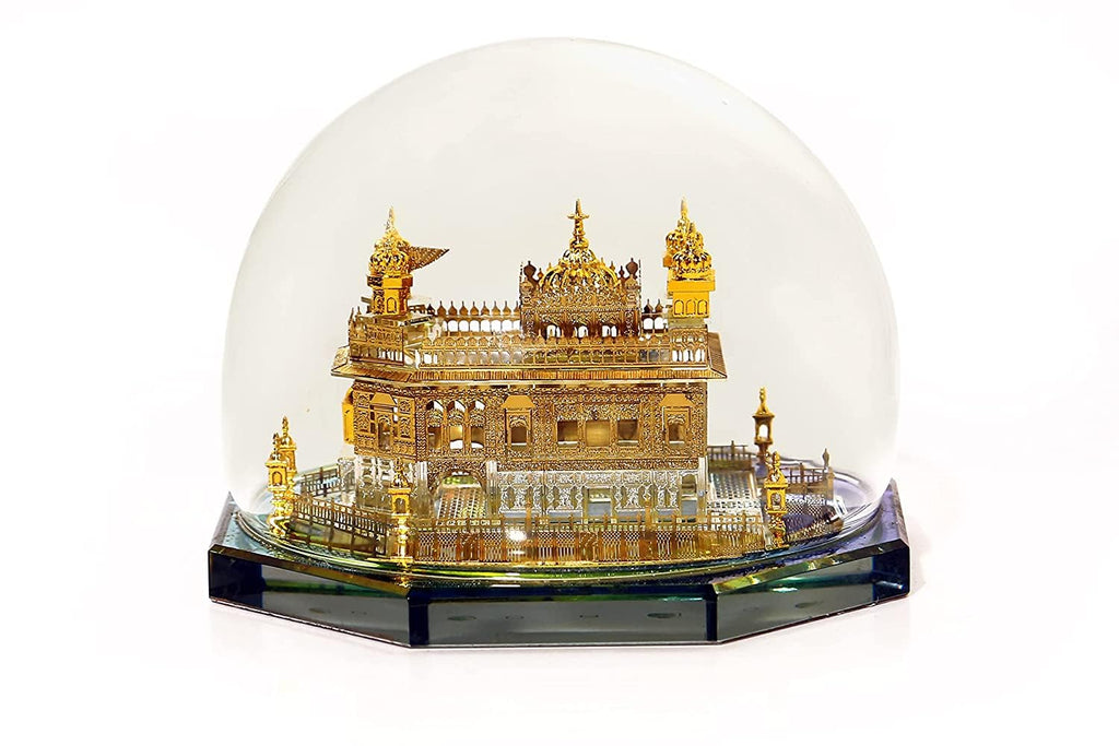 APEROL DESIGN Golden Temple Idol – Pack of 3 Miniatures Under Glass Dome | 24K Gold Plated Decorative Showpiece for Home, Office, Car Dashboard & Gifting | Size: 9×8×7.5 cm Each