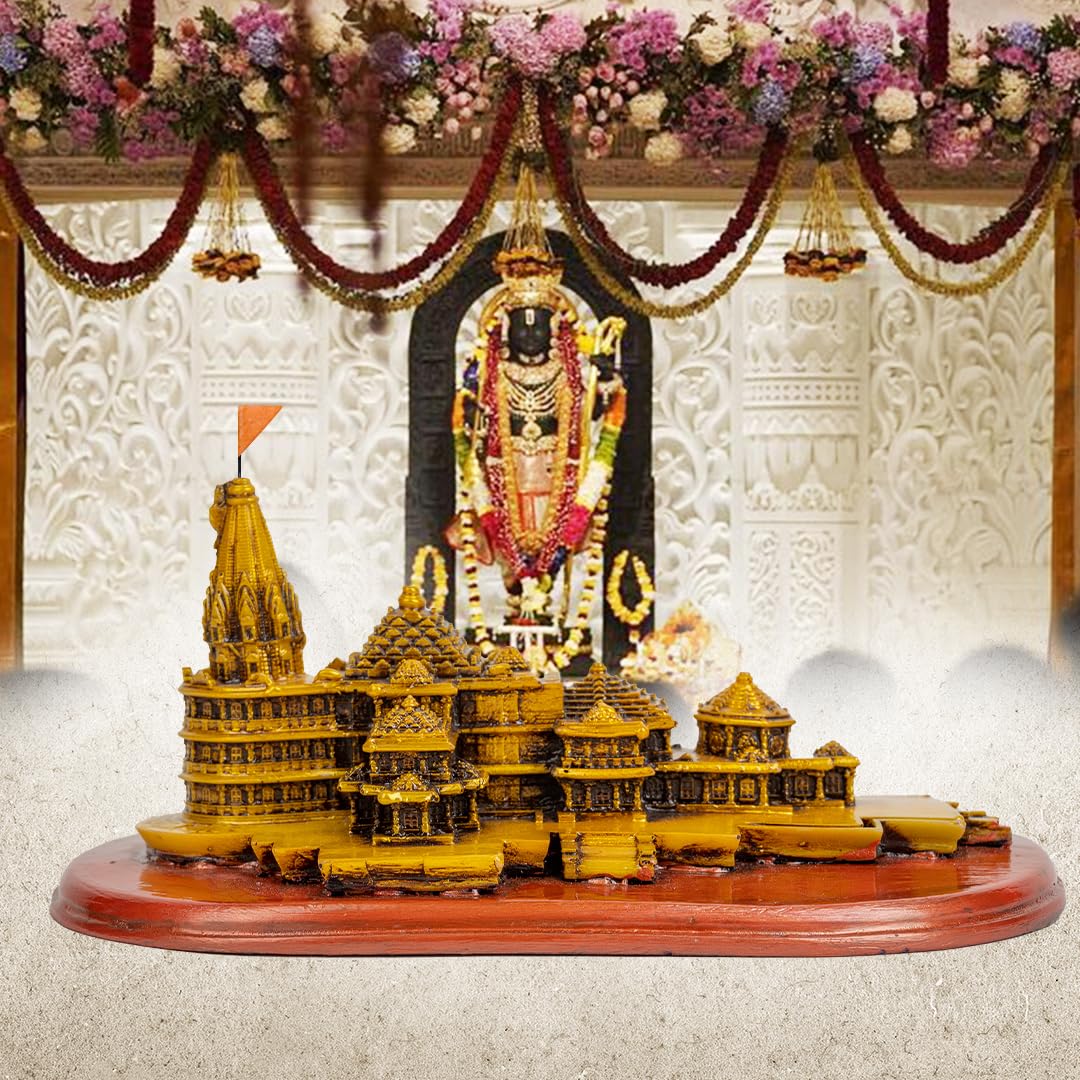 B.S HANDICRAFTS Polyresin Ram Mandir Ayodhya Model, Ayodhya Ram Mandir 3D Model Figurine Statue for Home Decor, Decorative Item, Car Dashboard Accessories, Color Gold