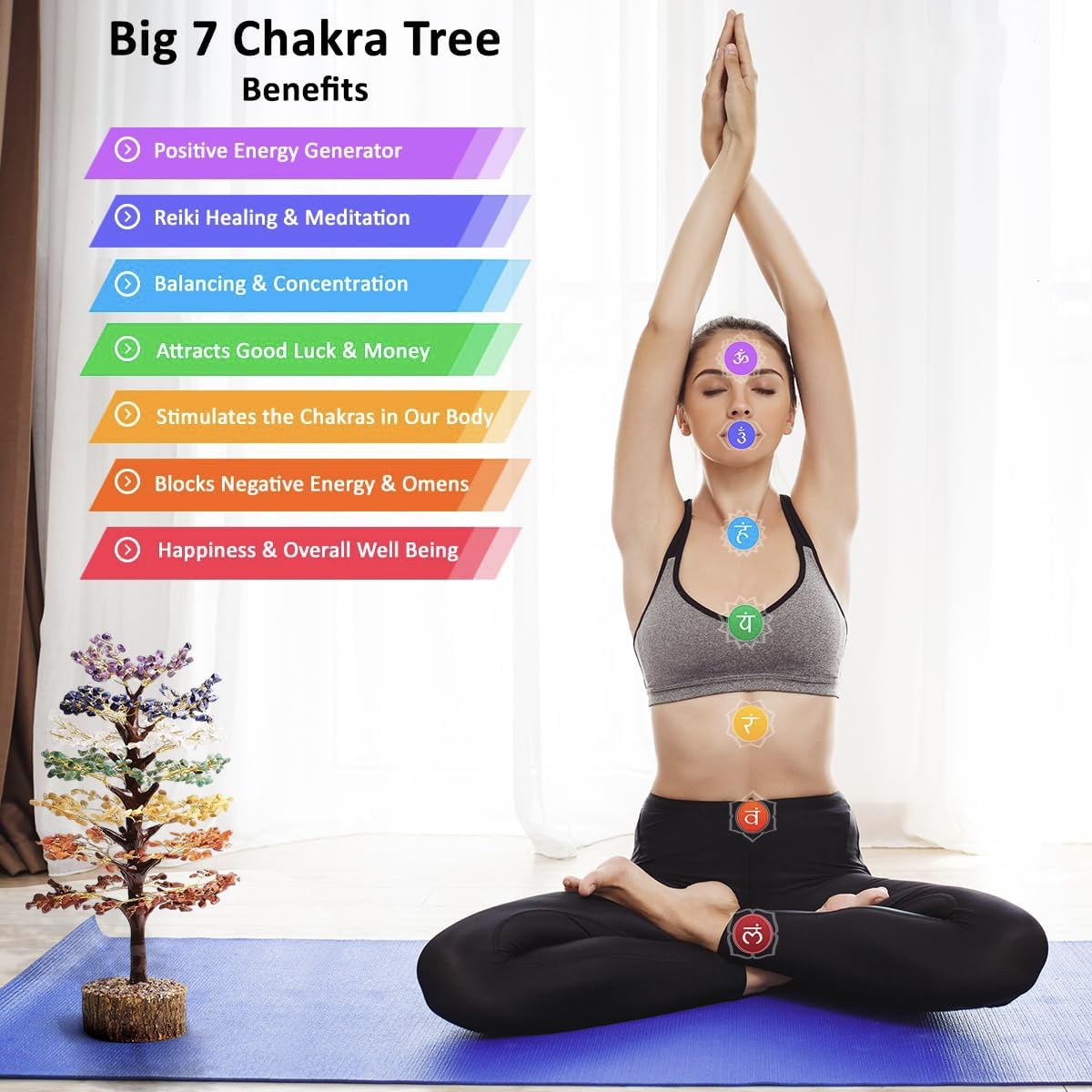 Bins Aura Seven Chakra Tree of Life for Positive Energy | Feng Shui Decor, Fake Bonsai, Crystals and Healing Stones, Money Tree | Room Decor 7 Chakra, Stone, Healing Crystals, Spiritual Gifts
