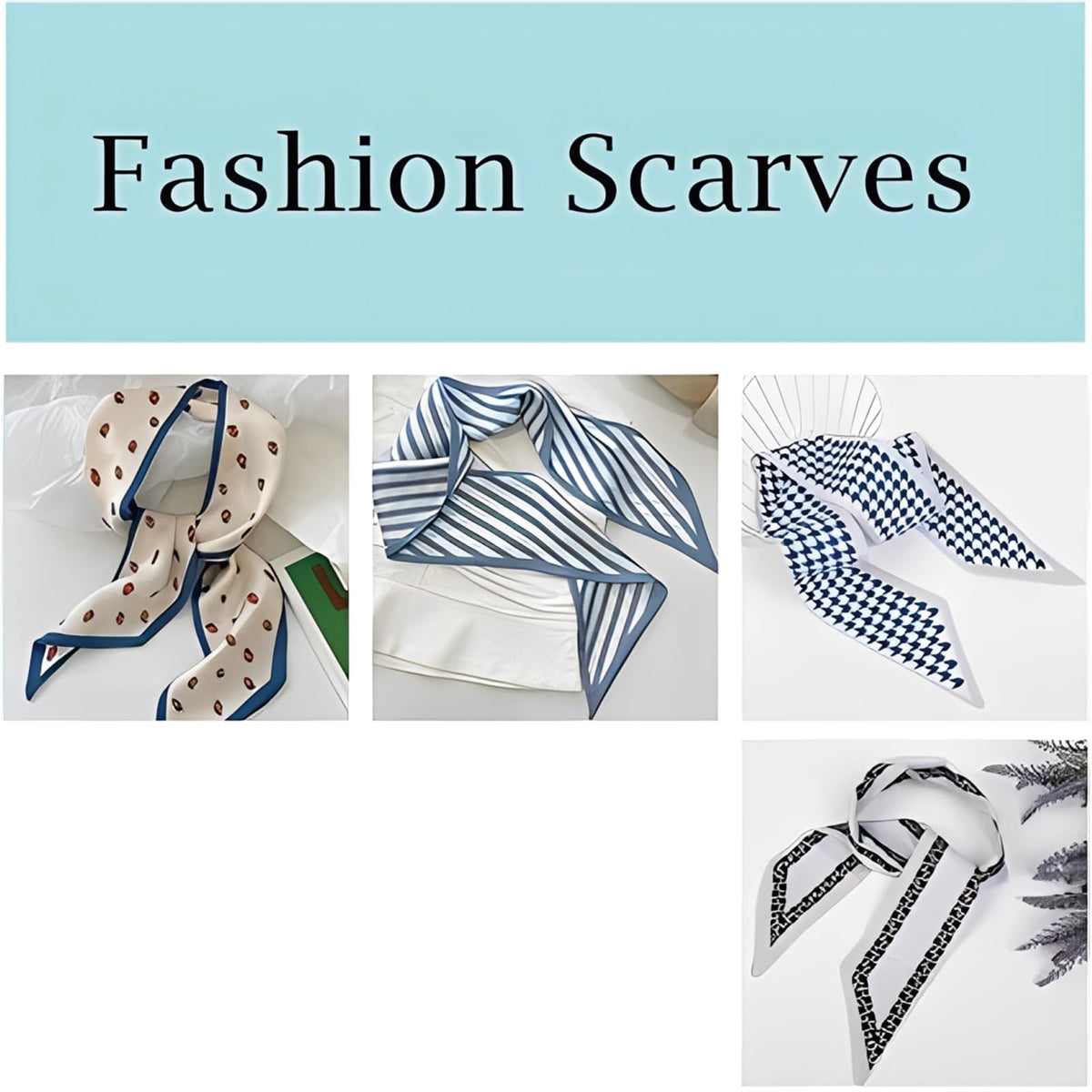 FFZDENA Hair Scarf for Women, Satin Scarf Accessories, Multifunctional Head Scarf and Bag Scarf, Set of 4 Blue Polyester Scarves for Fashion Styling