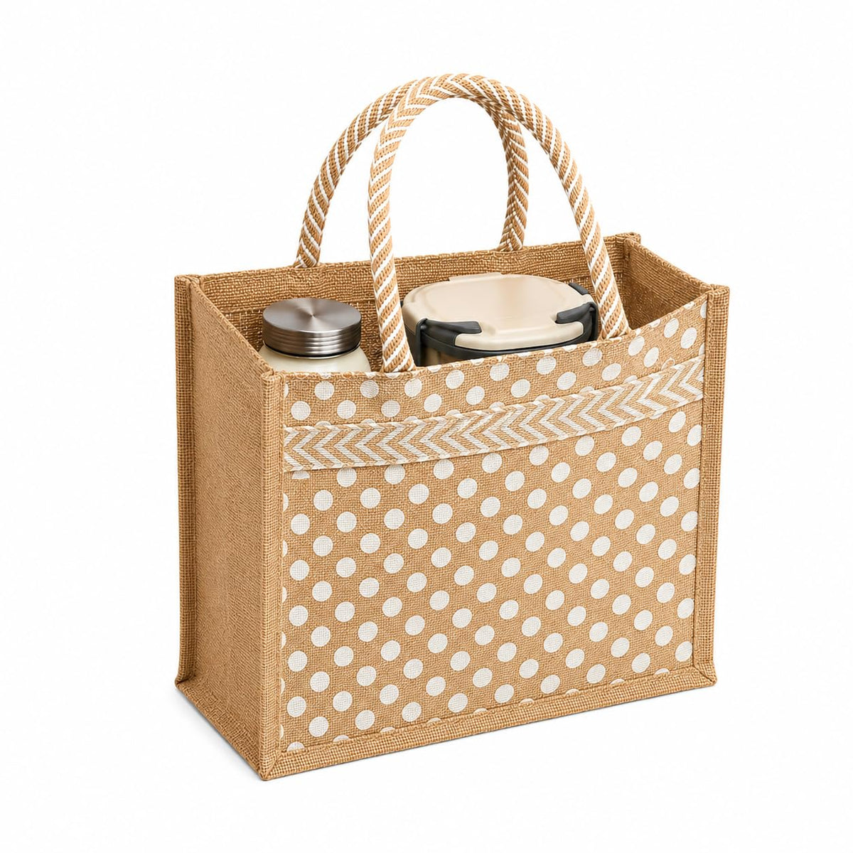 MOZU BAZAAR Jute Lunch Bag with Zip | Lunch Box Bag for Office Use | Jute Bag for Lunch | Jute Bags for Women & Men, Shopping, Grocery & Office Essentials (Polka Dot)