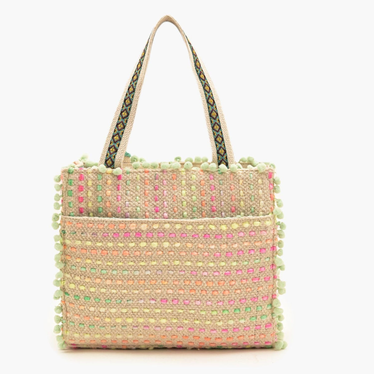 Boho Girl Marigold Mini Tote Bag | Floral Embroidered Hand Bag with Pom-Poms & Tassel |Handbag, Shoulder Bag, Shoulder Women Bag with Inside Pocket | Jacquard Canvas Material (BGB25-316-10-Inch)