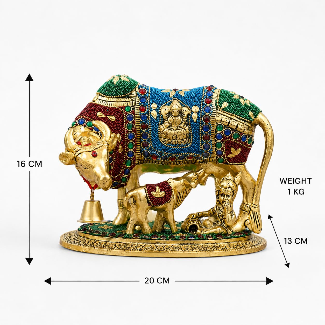 KridayKraft Decorative Kamdhenu Cow,Calf with Bal Gopal Krishna Metal Statue Embellished with Gemstones for Good Luck,Feng Shui,Vastu,Religious Gau MATA