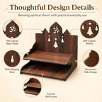 The Castle Decor Wooden Mandir for Home, Wall Hanging & Tabletop Pooja Temple with 2-Tier Storage Shelf, Om & Bell Cutwork, MDF Mandir for Pooja Room, Office & Hostel, 11 x 11 x 10 Inch (Design-4)