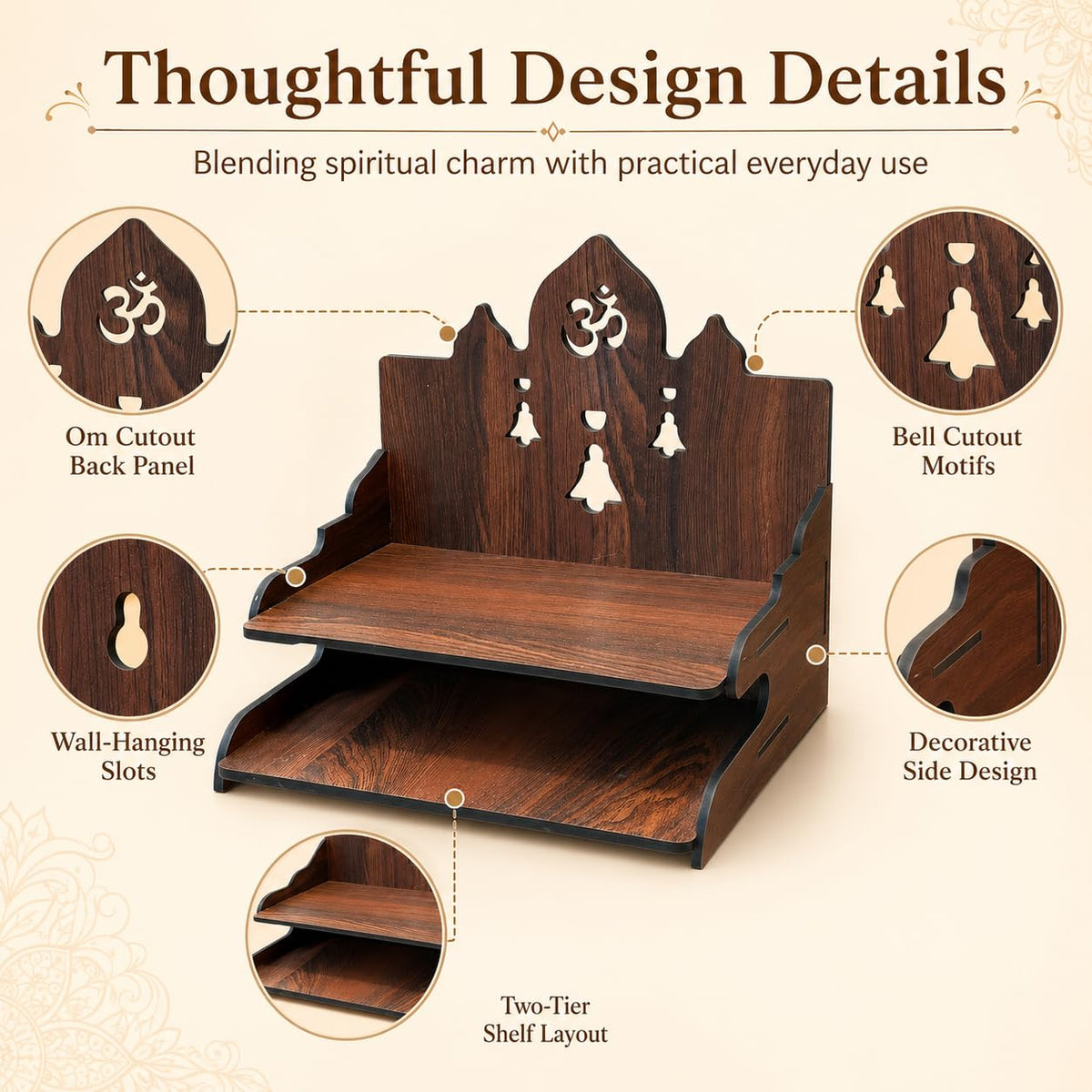 The Castle Decor Wooden Mandir for Home, Wall Hanging & Tabletop Pooja Temple with 2-Tier Storage Shelf, Om & Bell Cutwork, MDF Mandir for Pooja Room, Office & Hostel, 11 x 11 x 10 Inch (Design-4)