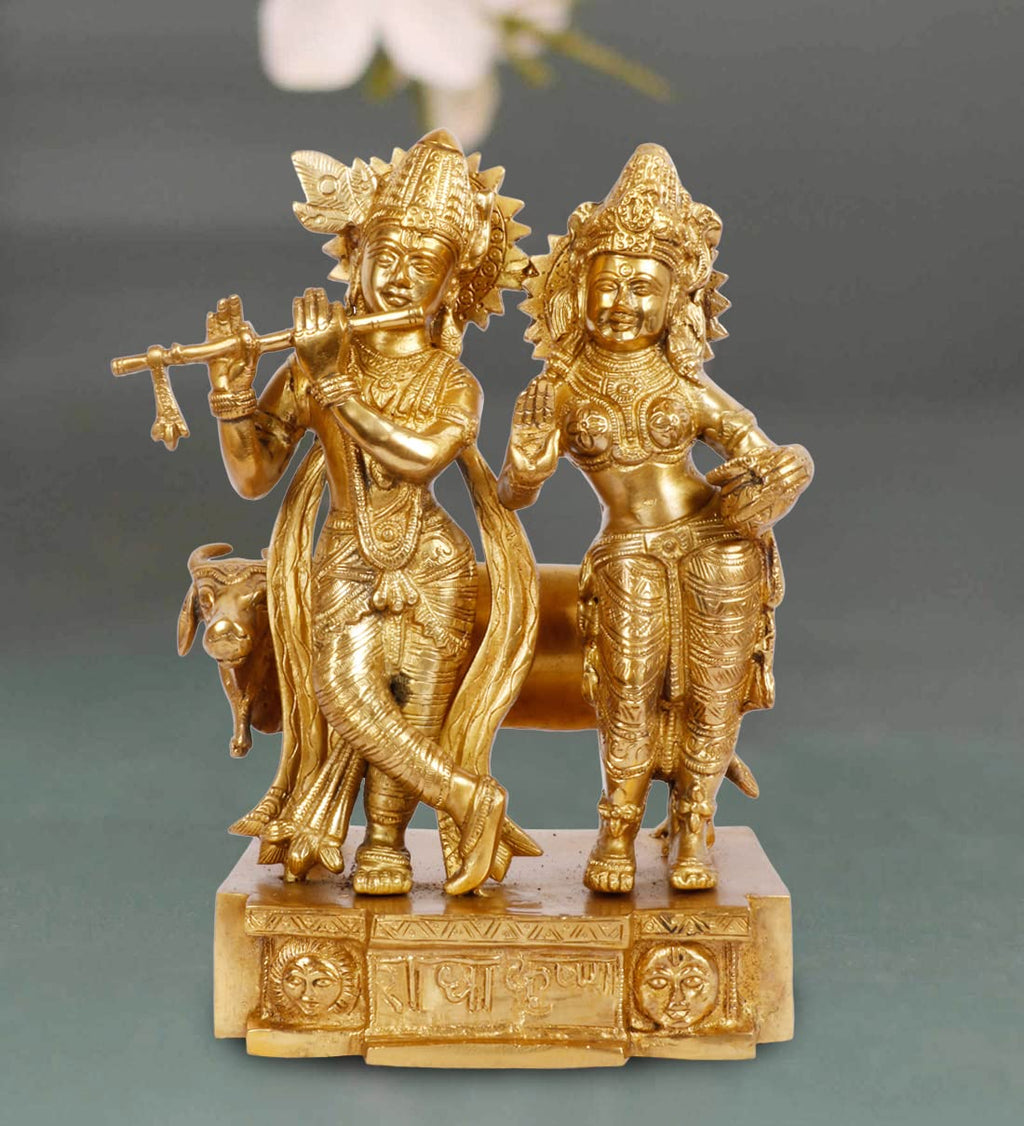 ARTVARKO Brass Radha Krishna with Cow Standing Playing Flute Statue for Home Mandir Pooja Krishan Ji Murti Temple Puja Office Home Décor Showpiece Gift 11.5 Inch.