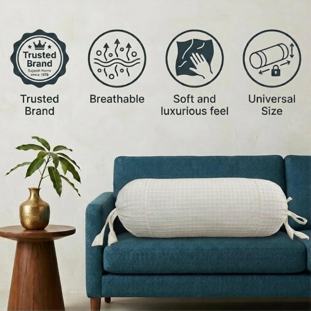 SAJAVAT HOME Cotton Waffle Bolster Cover Pack of 1 | Textured Side Pillow Cover for Sofa, Bed & Diwan | Soft Breathable Round Cushion Cover | White