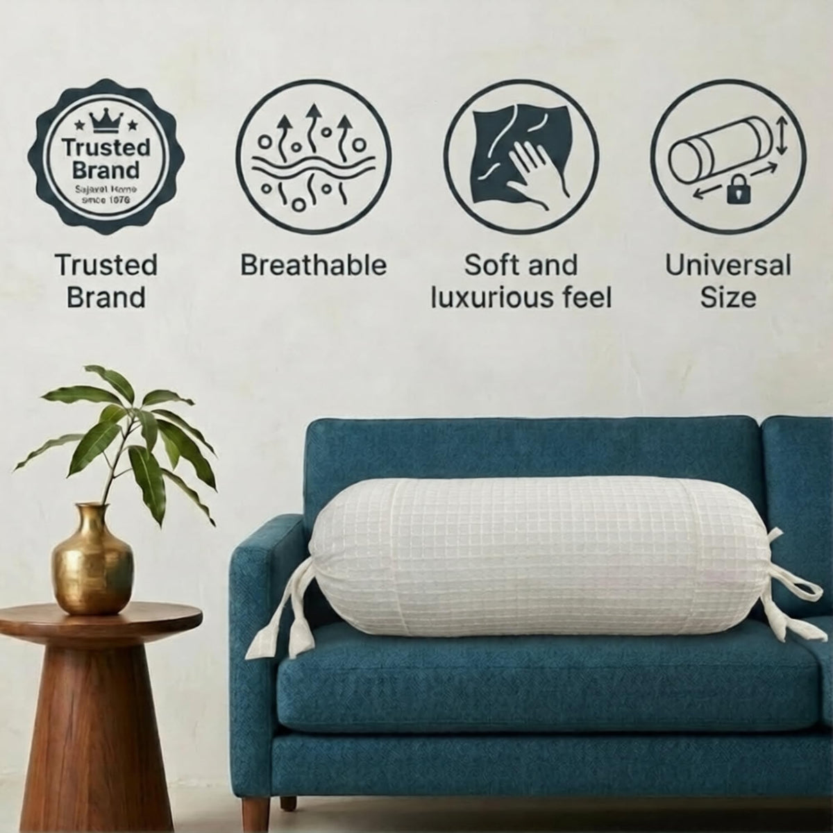 SAJAVAT HOME Cotton Waffle Bolster Cover Pack of 1 | Textured Side Pillow Cover for Sofa, Bed & Diwan | Soft Breathable Round Cushion Cover | White