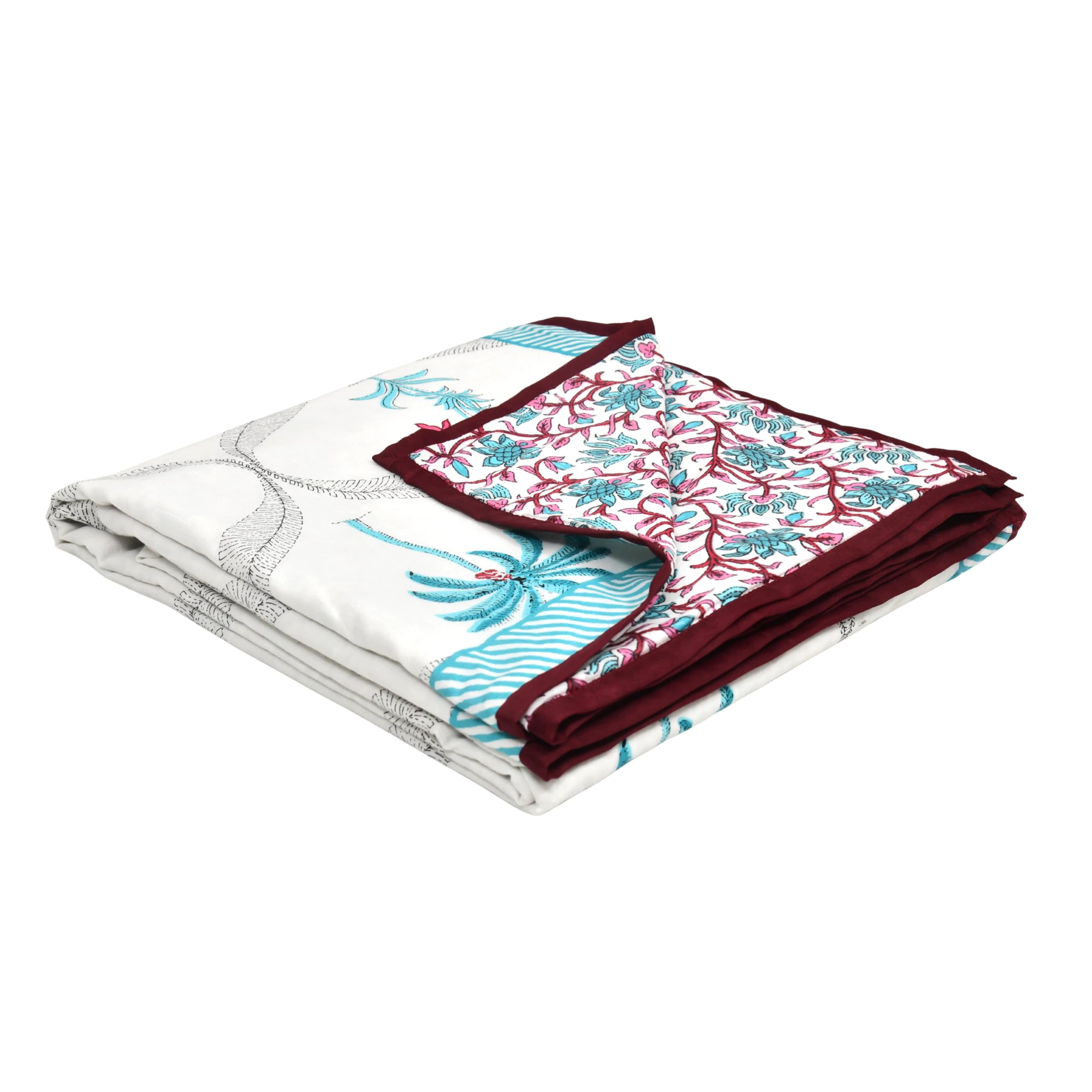 BLOCKS OF INDIA Hand Block Printed Cotton Single Size Reversible Malmal Dohar for Summer (Turq Tree) Kafalo