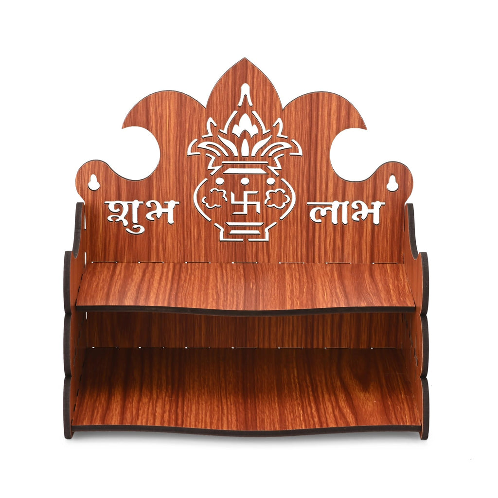 ZUPER Wood Hand Crafted Ganesh Carved Pattern Home Temple for Pooja Temple for Office I Compartment Shelve I Stand for Puja Wooden Home Mandir (Brown-5) (Pack of 1)